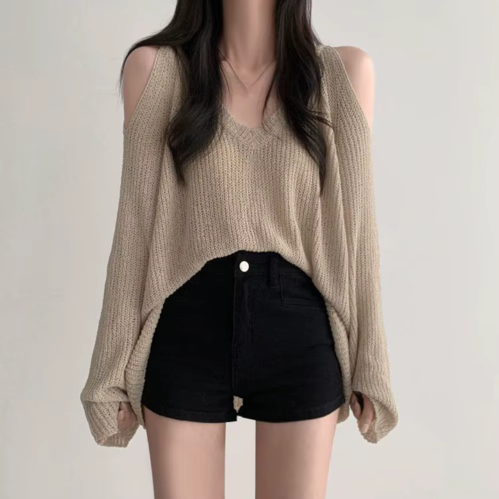 T-shirt long en maille ajourée simple, pull à manches longues en crochet, col en V, chic, tricoté, a