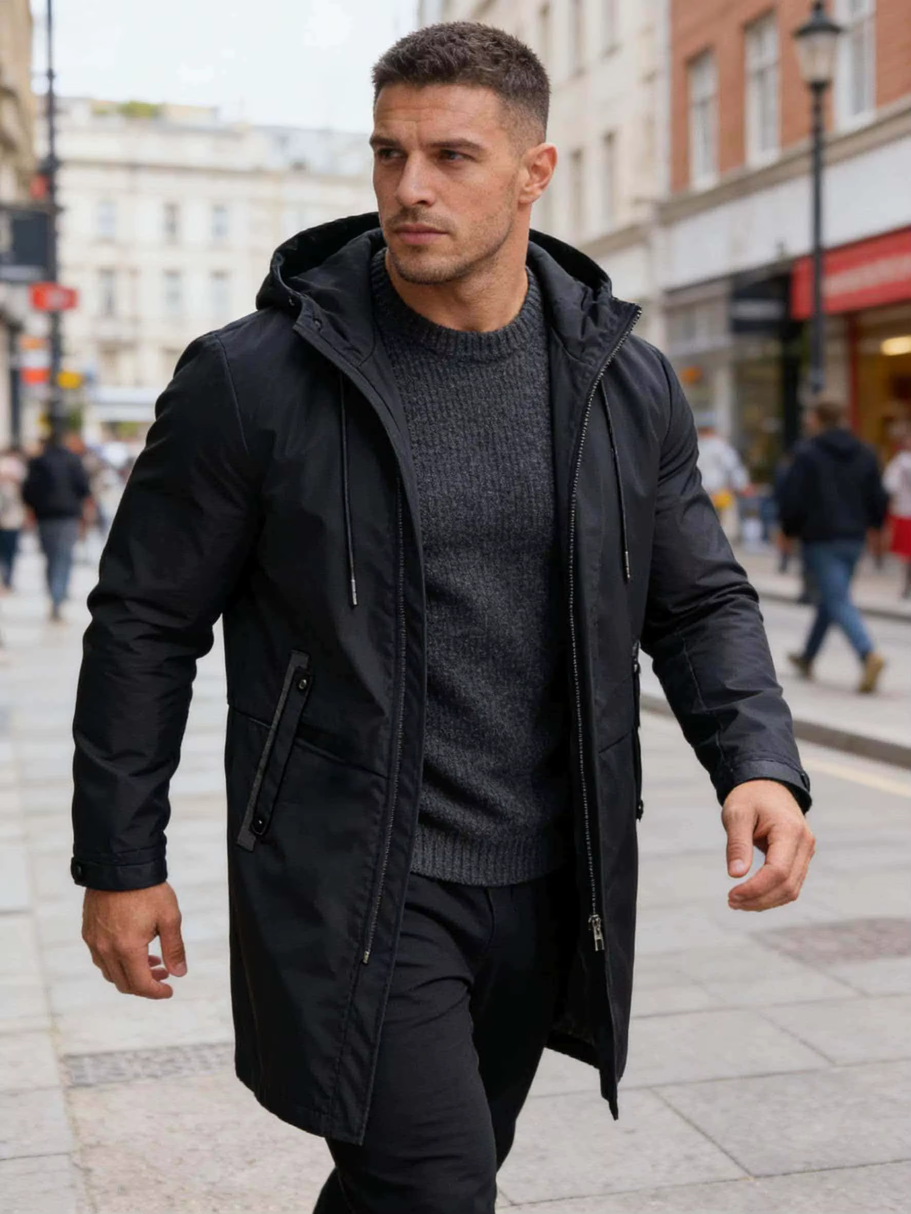 Parka longue à capuche pour homme noir, coupe-vent mi-longue décontractée urbaine avec capuche ajust