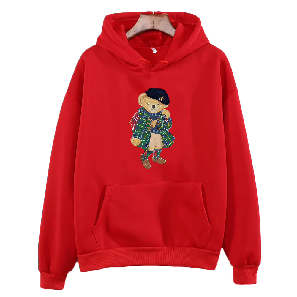 Sweat-shirt à capuche imprimé ours mignon pour femme, vêtement tendance, polaire, confortable, décon