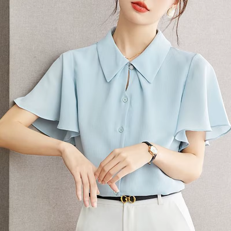 Chemisier en Chiffon Uni à Volants Élégants et Boutons pour Femme – Nouveauté Été Décontractée, Coup