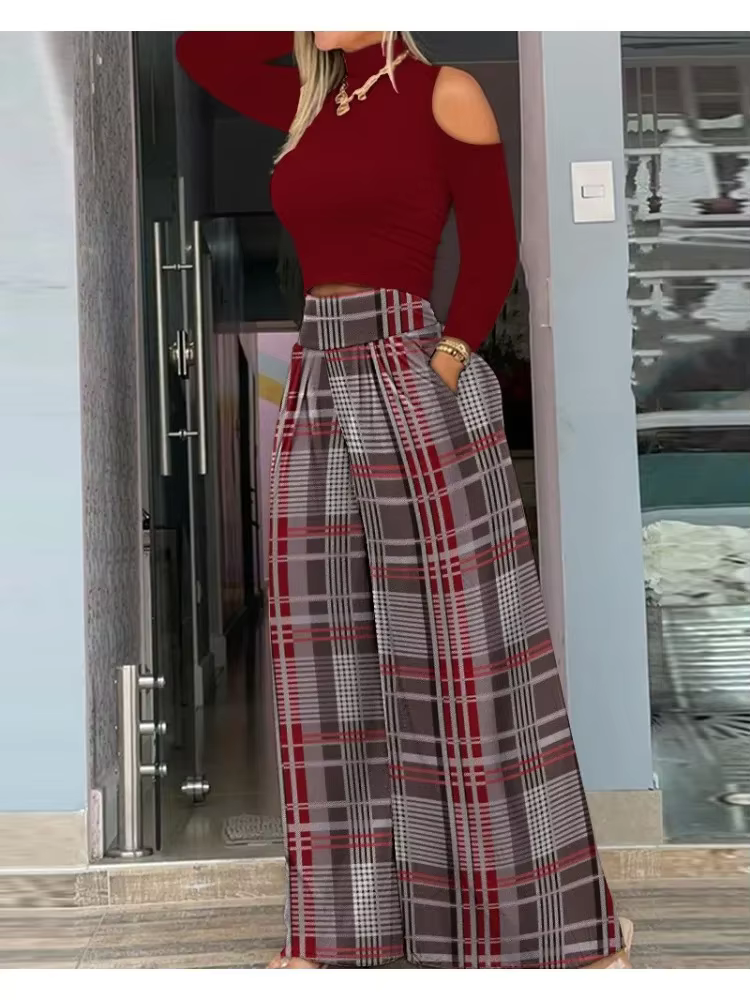 Tenues de vacances décontractées pour femmes, ensemble haut et pantalon large à carreaux, vêtements 
