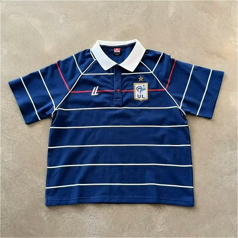 Chemises polo rétro à rayures patchwork, logo brodé, style britannique, t-shirts de football, tendan