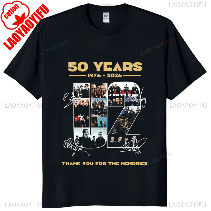 U2 Band 50 Anniversaire Graphique Tee Unisexe 1976-2026 Vintage Rock Tribute Signatures T-Shirt Déco