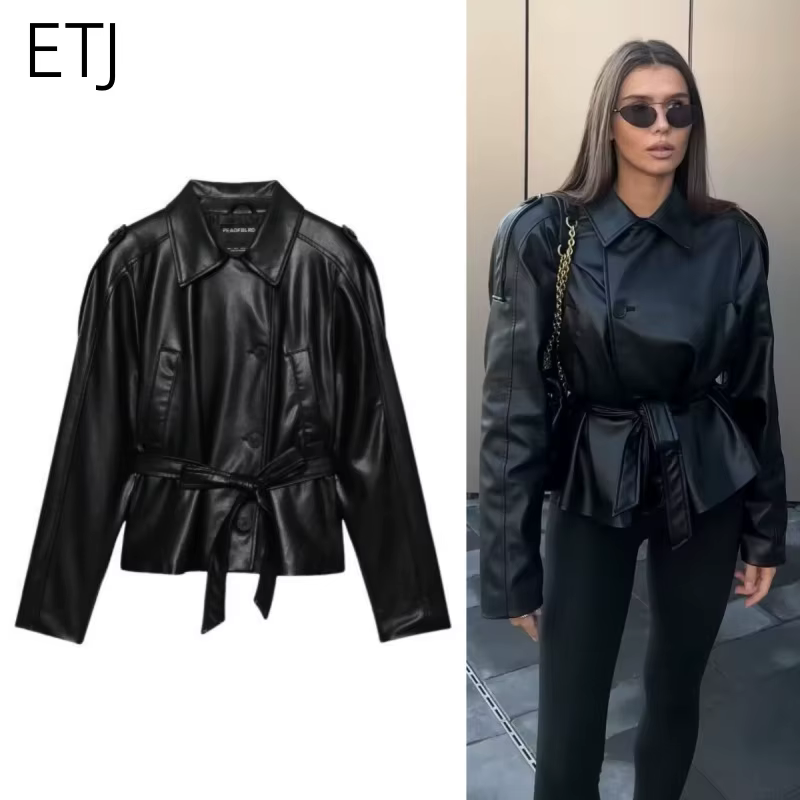 ETJ 2025 automne nouvelle mode femme ceinture simili cuir à manches longues court trench manteau déc