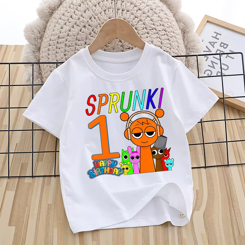 T-shirt imprimé pour fête d'anniversaire, motif dessin animé Sprunkis mignon, en coton, pour l'été, 