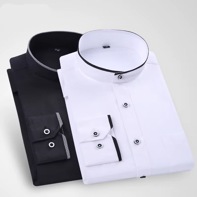 Chemise à col montant pour hommes, classique, col rond, coupe slim, col vertical, manches longues, c