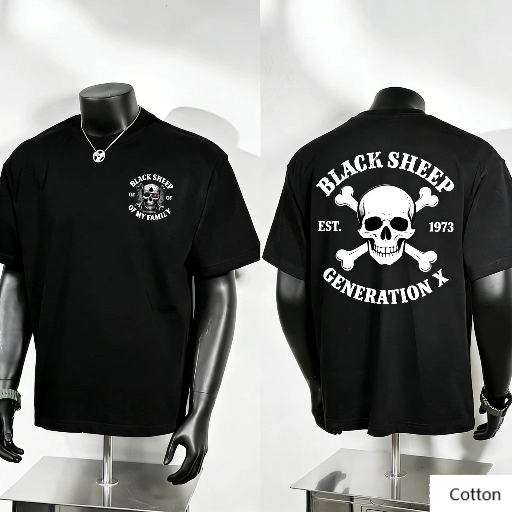 T-shirt double face Black Sheep Generation X Skull, 100% coton unisexe, streetwear rétro punk, t-shi