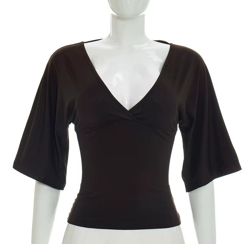 T-shirt décontracté Talenza à col en V pour femme, mode féminine, couleur unie, épaules dénudées, à 