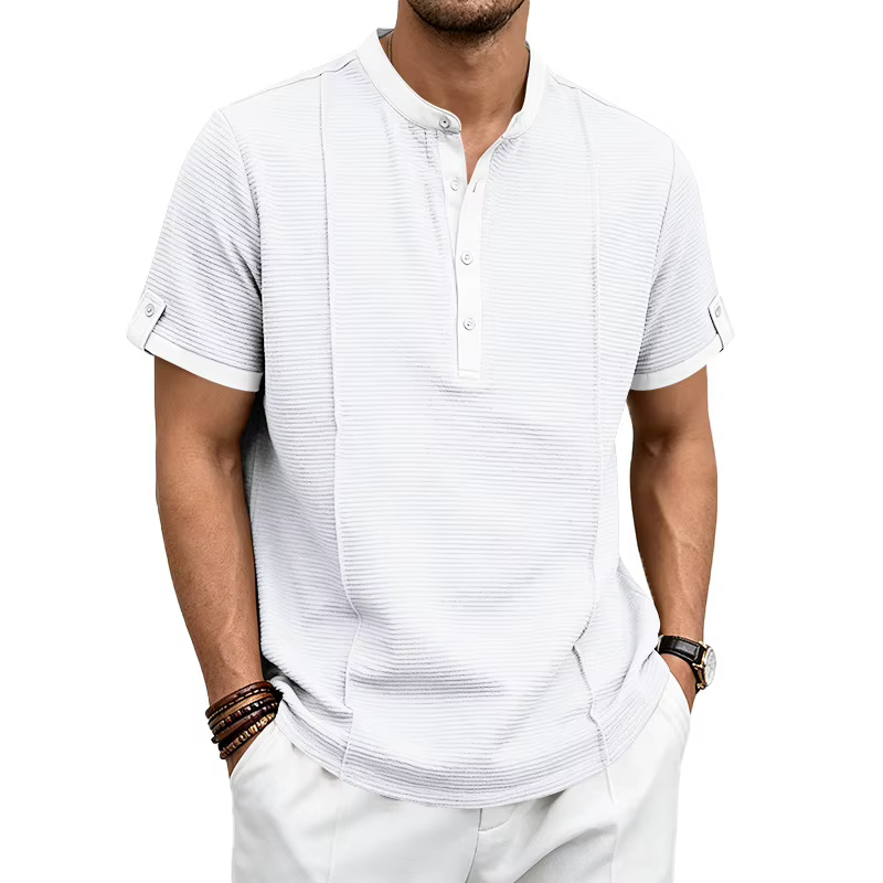 T-shirt Henley à col montant gaufré pour homme 2026, décontracté, à manches courtes avec patte de bo