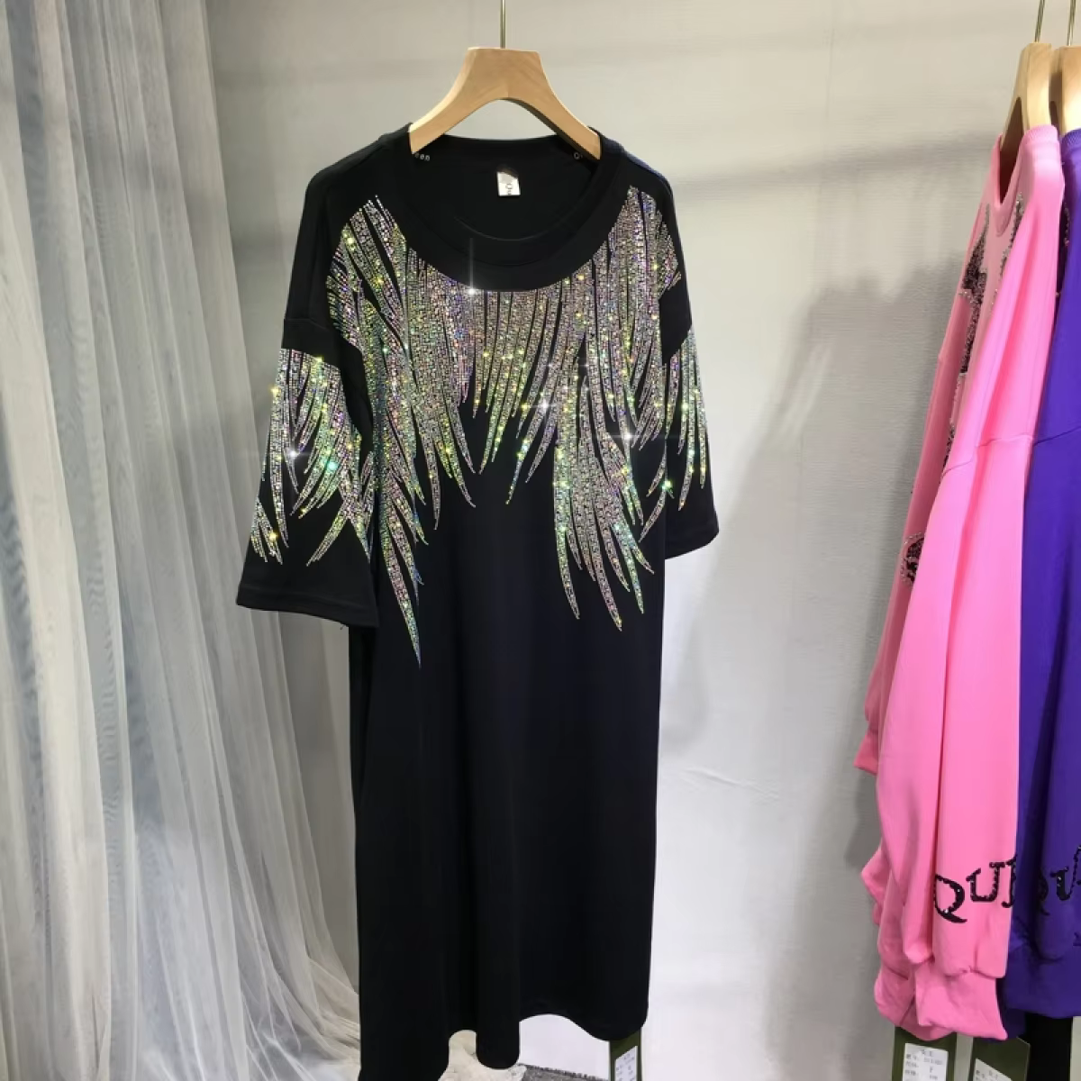 T-shirt à col rond en strass pour femmes, élégant, manches courtes, ample, Y2K, travail lourd, stras