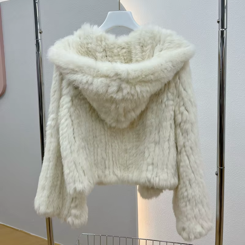 Manteau à capuche en vraie fourrure de lapin pour femme, manches longues, décontracté, ample, tricot