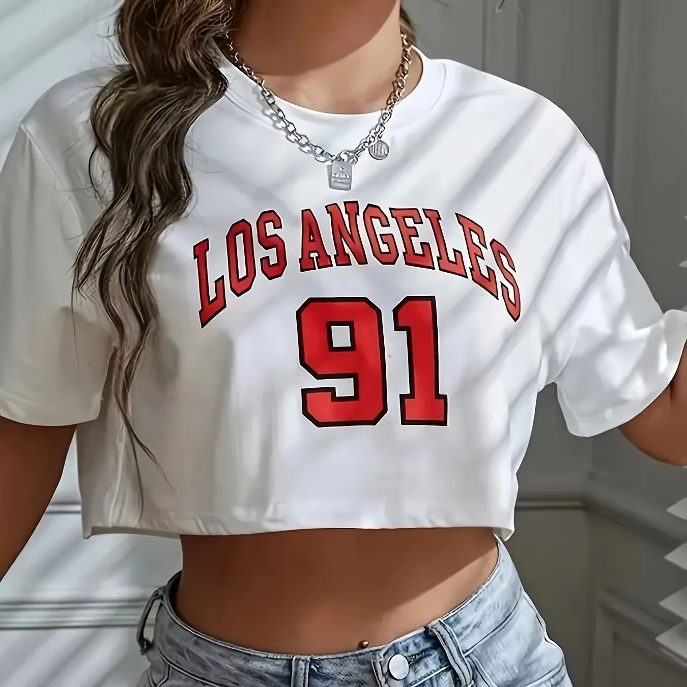 T-shirt court à col rond pour femme, graphique de Brooklyn, Los Angeles, numéro 91, haut de sport dé