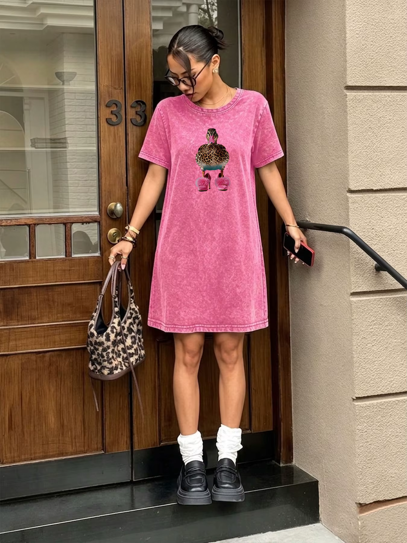 Robe T-shirt vintage délavée et vieillie pour femme, robe imprimée motif canard de marque streetwear