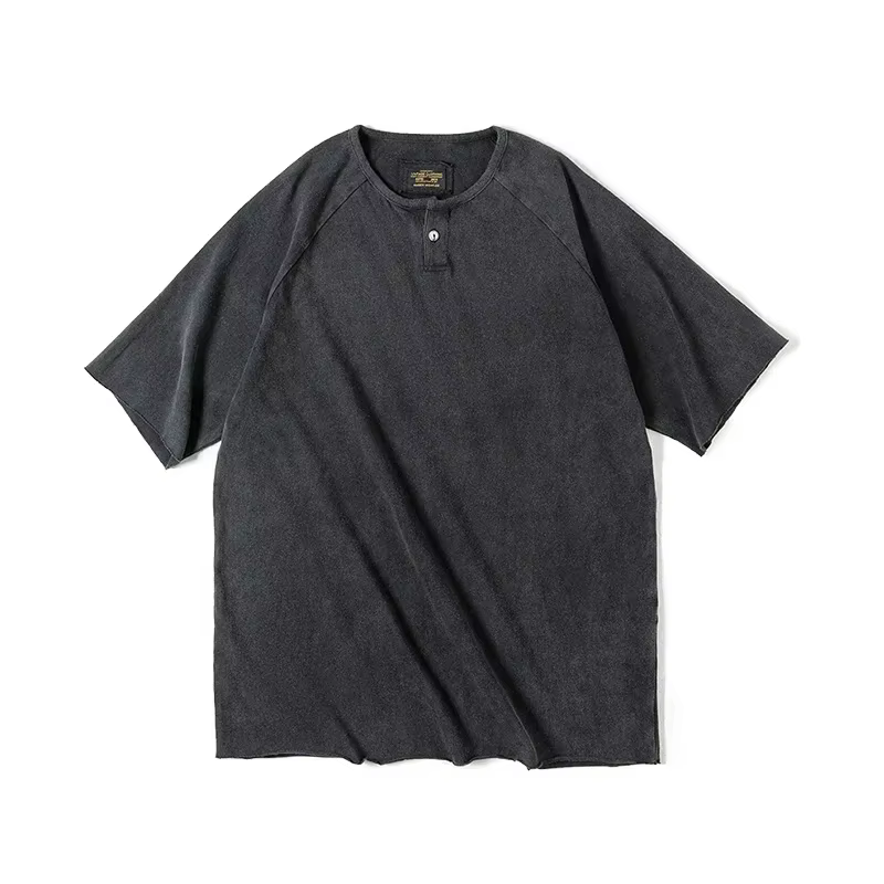 Maden – T-Shirt Henley Vintage pour hommes, haut à manches courtes, ample et décontracté, en coton, 