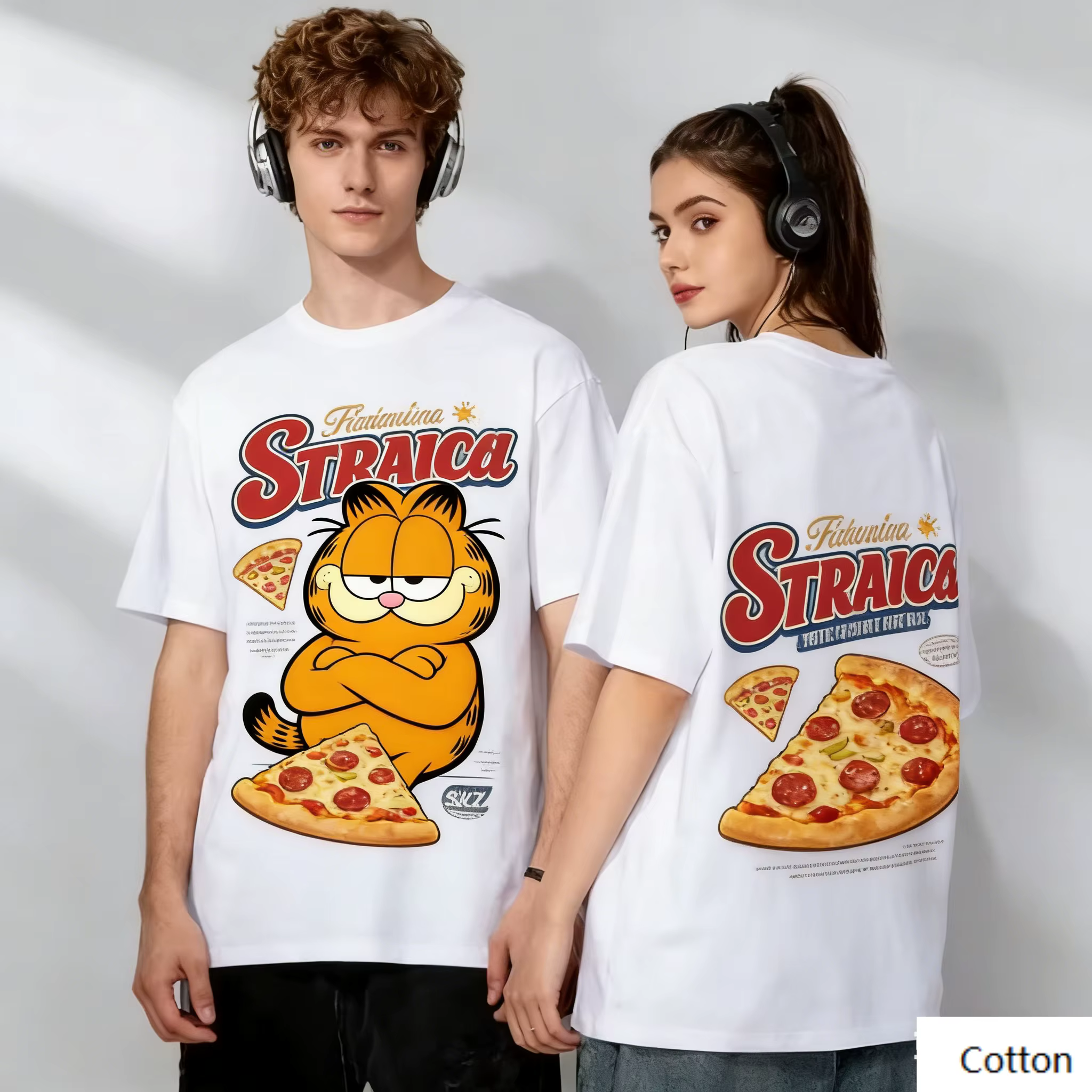 T-shirt graphique vintage américain Garfield, imprimé pizza, en coton, à manches courtes, décontract