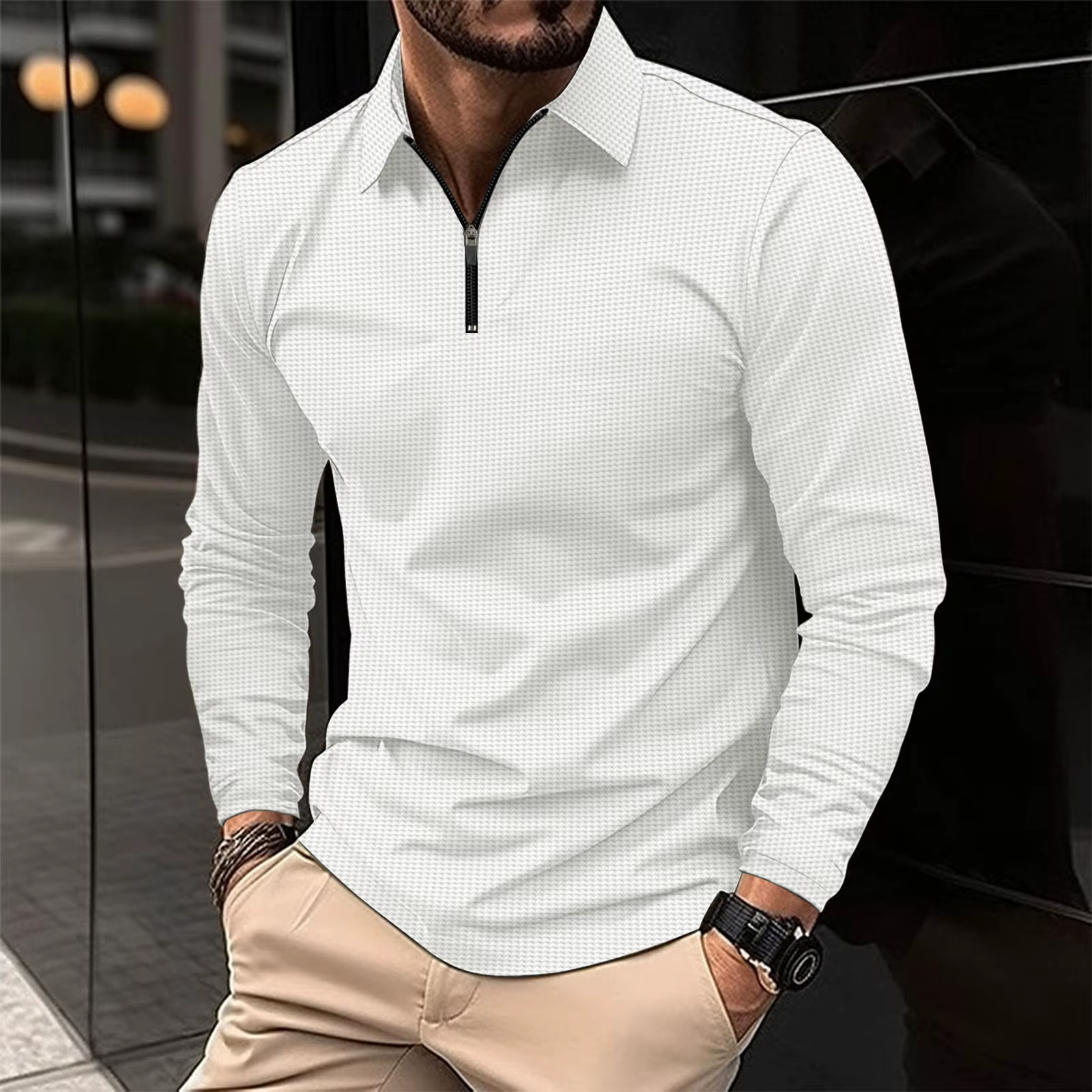 Polo en tricot gaufré à fermeture éclair |   Polo à col zippé à manches longues |   Chemise de golf 