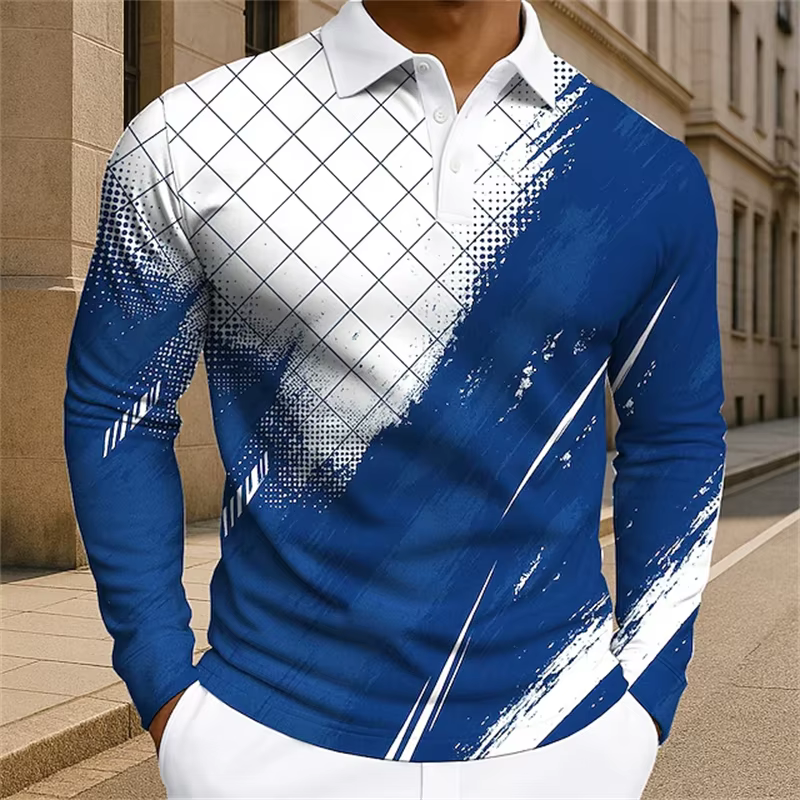 Polo coloré à carreaux pour hommes, chemise de Golf à manches longues, nouvelle mode décontractée, c