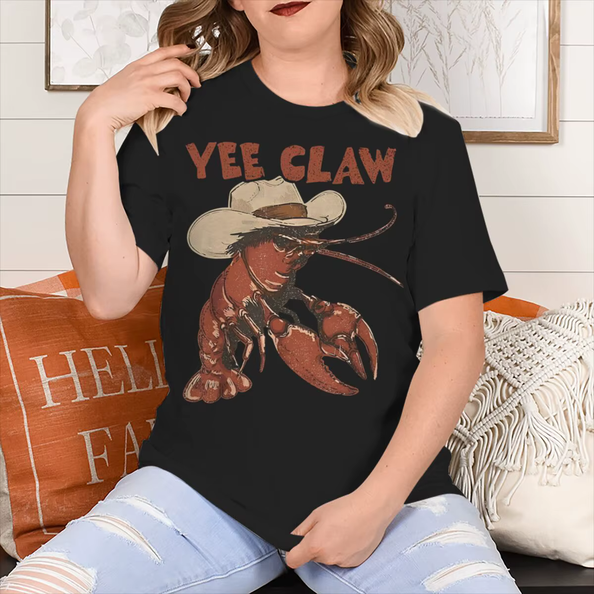 T-shirt unisexe tendance « Yee Claw » vintage à motif homard, manches courtes, col rond, streetwear 