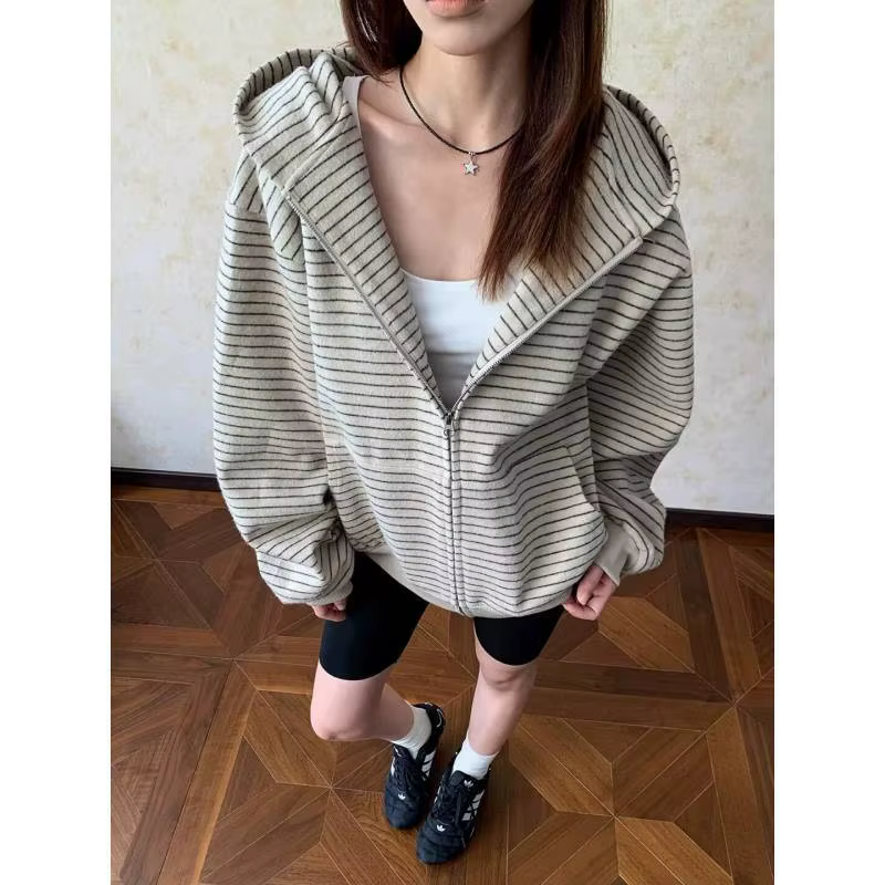 Sweat-shirt à capuche style américain rétro pour femme, coupe ample, rayé, color block, cardigan ouv