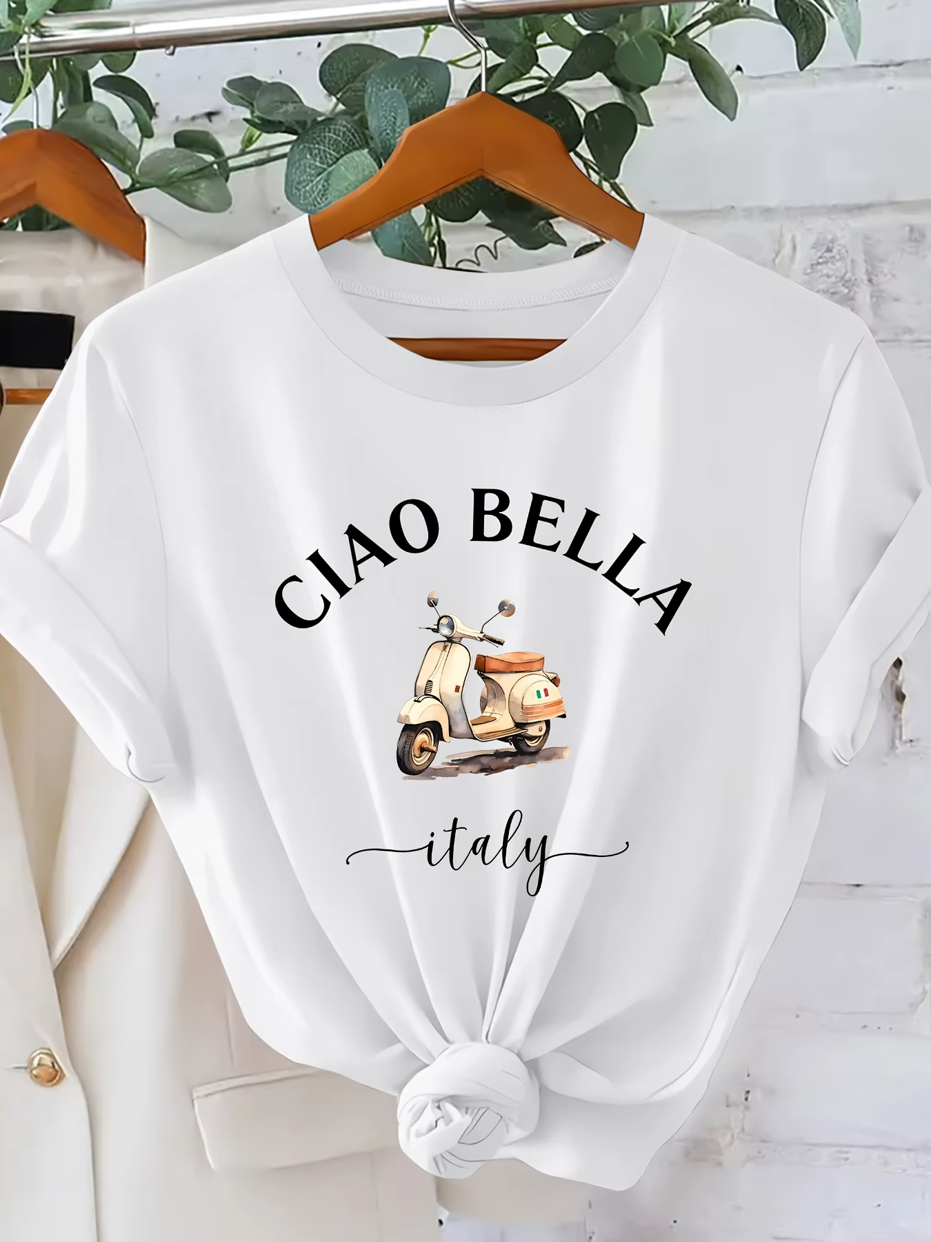 T-shirt imprimé moto italienne CIAO BELLA pour femme - Blouse à manches courtes style scooter italie