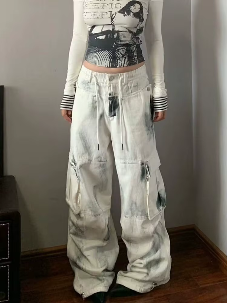 Femmes Jean large femmes Jean Span Shoujo fille Style Denim niveau blanc pantalon Jean Y2k Coquette 