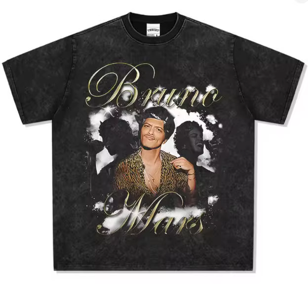 T-shirt Bruno Mars pour homme, style vintage, imprimé délavé, coton, col rond, manches courtes, styl