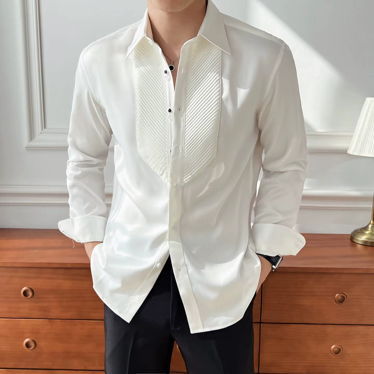 Chemise à manches longues pour hommes de style britannique : col tendance, beau, décontracté et cran