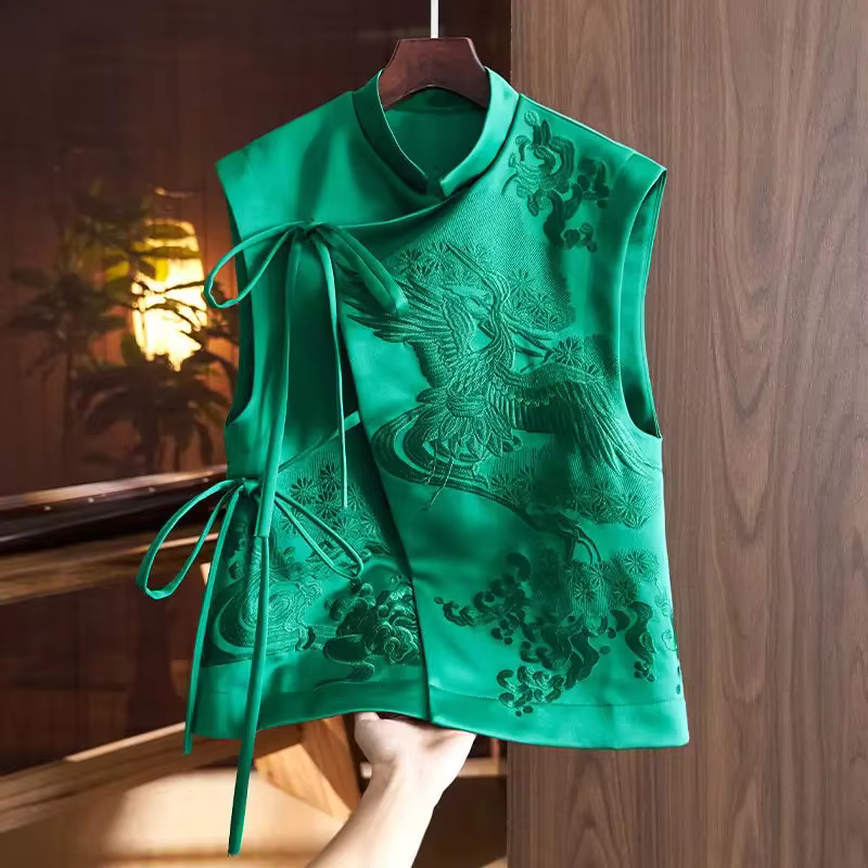 Style chinois haut femmes Tang vêtements broderie Phoenix fleur Qipao dame col Mandarin gilet Vintag