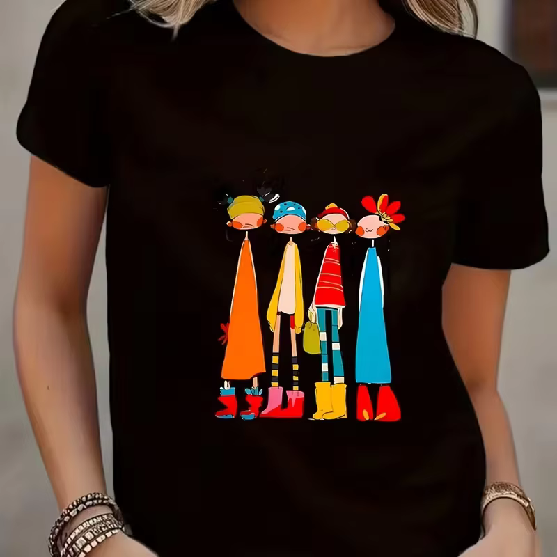 T-shirt à imprimé graphique avec illustration colorée pour femmes, haut décontracté à manches courte