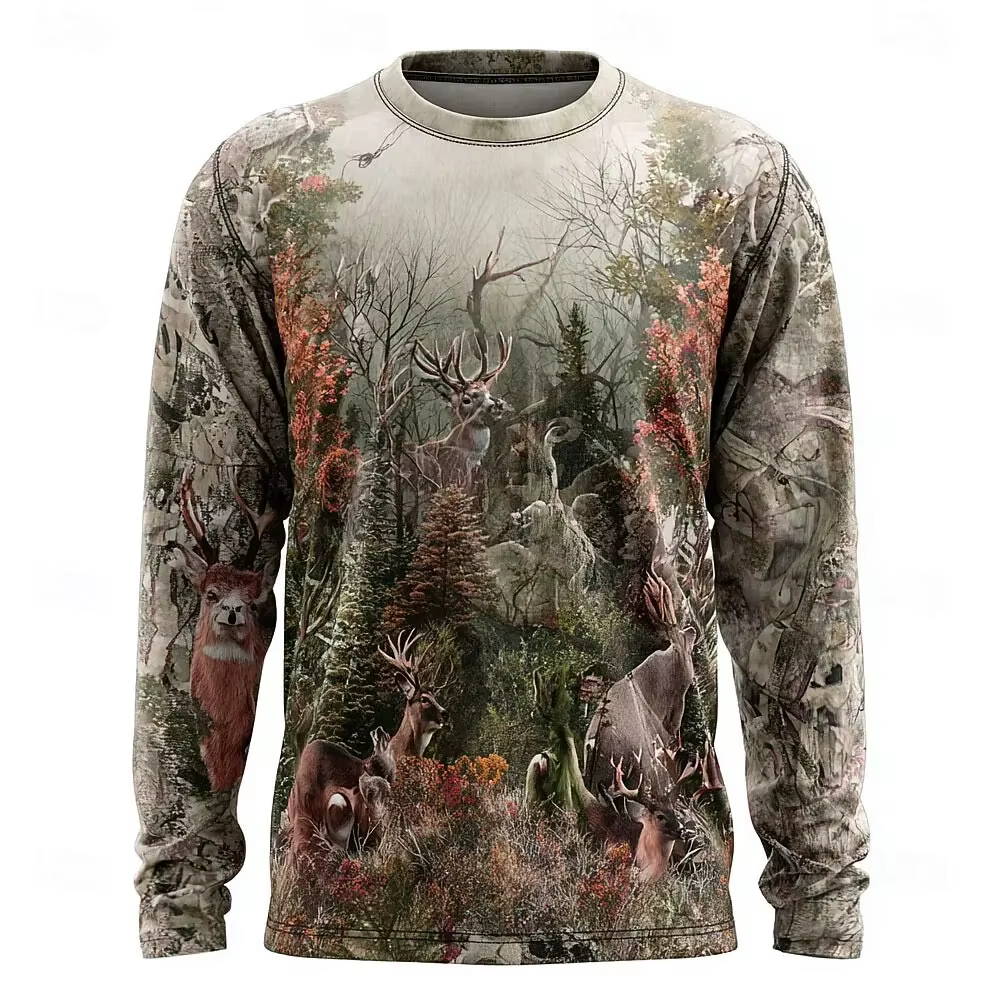 Chemise à manches longues à imprimé cerf camouflage pour homme, haut à col rond avec graphisme 3D, v