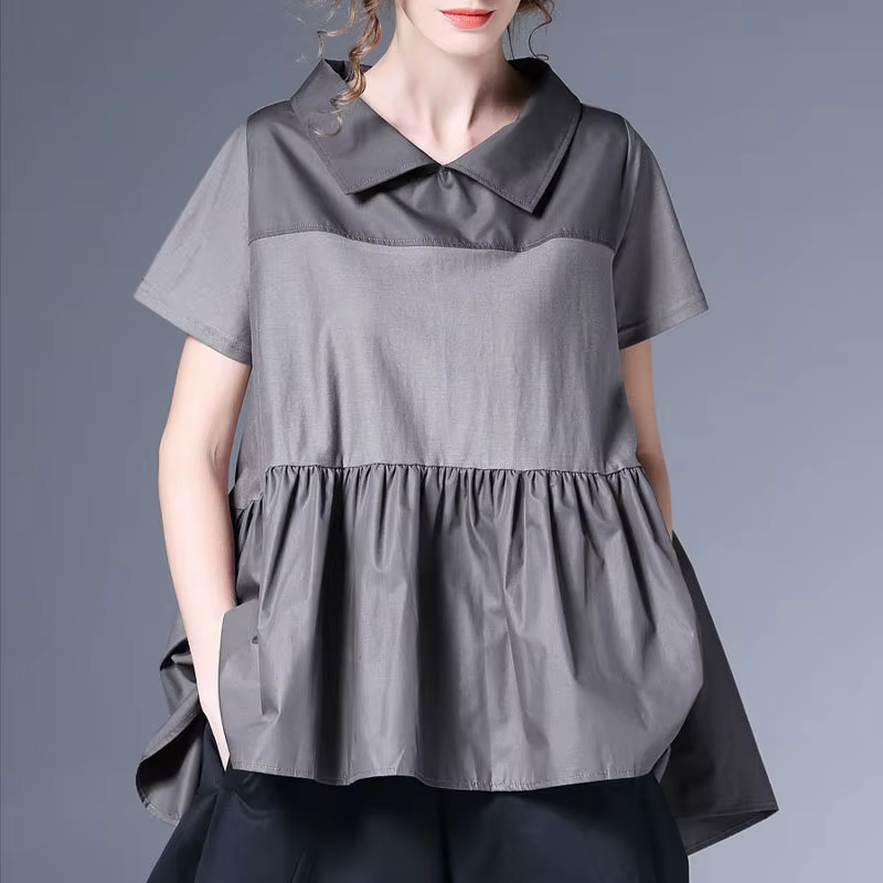 Chemise à manches courtes pour femme, vêtement décontracté, couleur unie, Patchwork, mode, col Pan, 