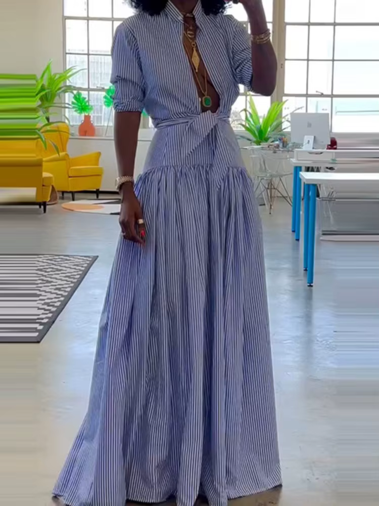 Mode rayé chemise Robe pour femmes décontracté à manches longues Stand bouton à lacets pull robes Ro