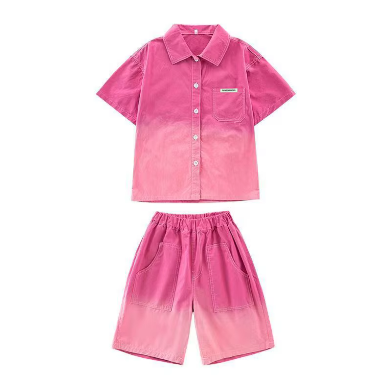 Nouvel ensemble décontracté 2026 pour garçons : chemise et short rose dégradé, coupe ample, tenue de