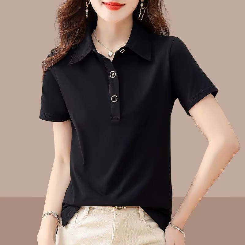 T-shirts à boutons, tenue d'été, Polo noir à manches courtes pour femmes, uni en tendance, vêtements