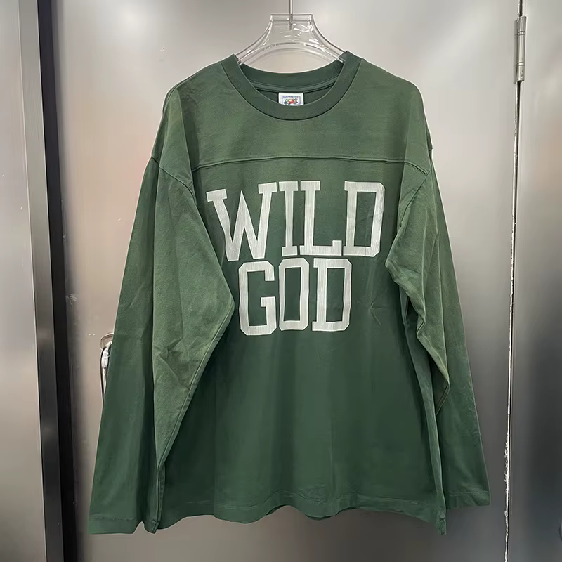 T-shirt Homme Oversize 100% Coton à Manches Longues, Imprimé Lettres Craquelées Vertes Effet Délavé 