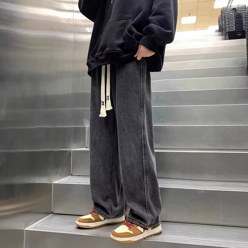 Jean droit rétro américain tendance pour homme, coupe décontractée ample, pantalon long à cordon de 