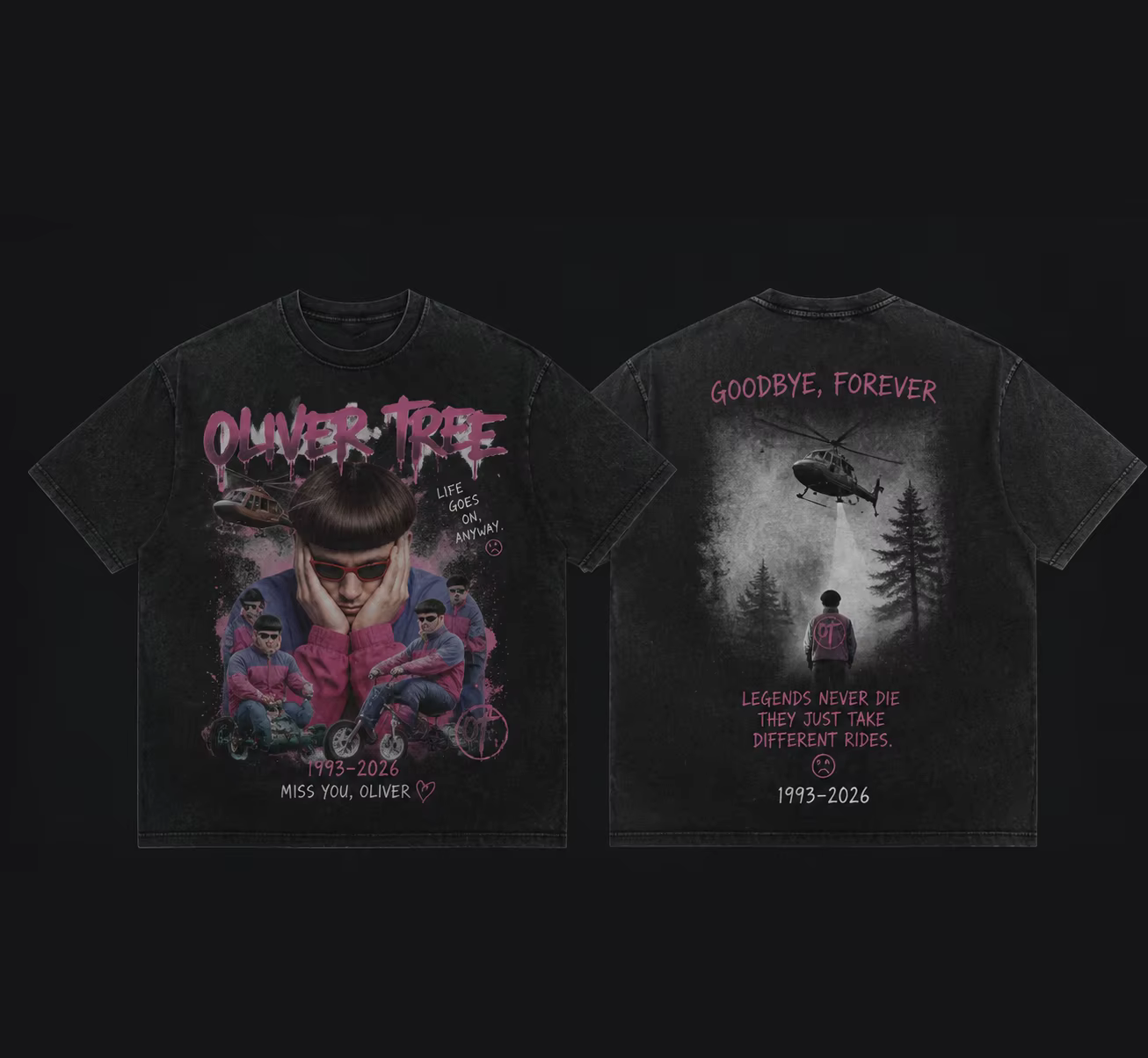 T-shirt commémoratif Oliver Tree 1993-2026 Life Goes On Anyway, vintage, noir délavé, pour hommes, o