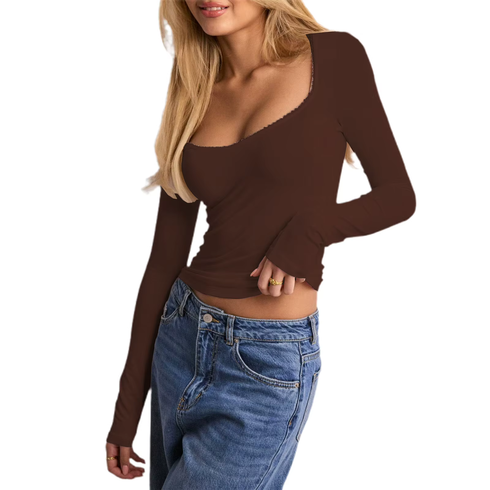 T-shirt manches longues en dentelle pour femmes, couleur unie, Slim Fit, chemises décontractées, pul