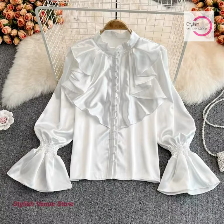 Chemise en satin à col montant pour femme, design de mode française, style palais, rétro, manches év