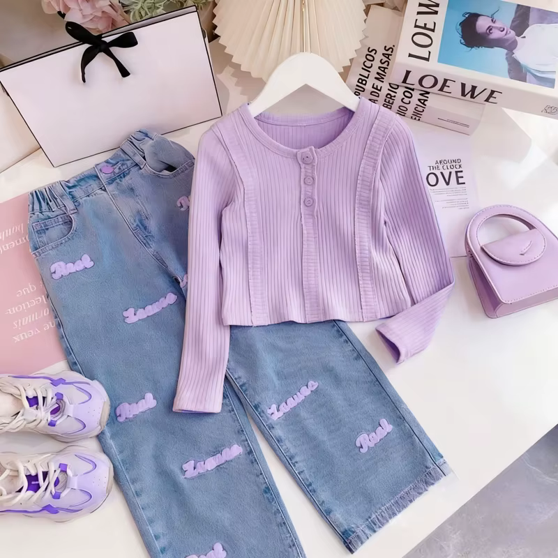 Ensemble de vêtements pour filles de 3 à 10 ans, printemps automne, couleur unie, haut à manches lon