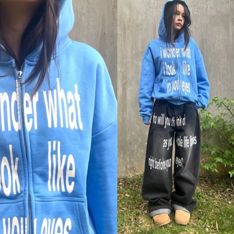 Sweat-shirt à manches longues avec fermeture éclair imprimée avec lettres personnalisées, pull à cap