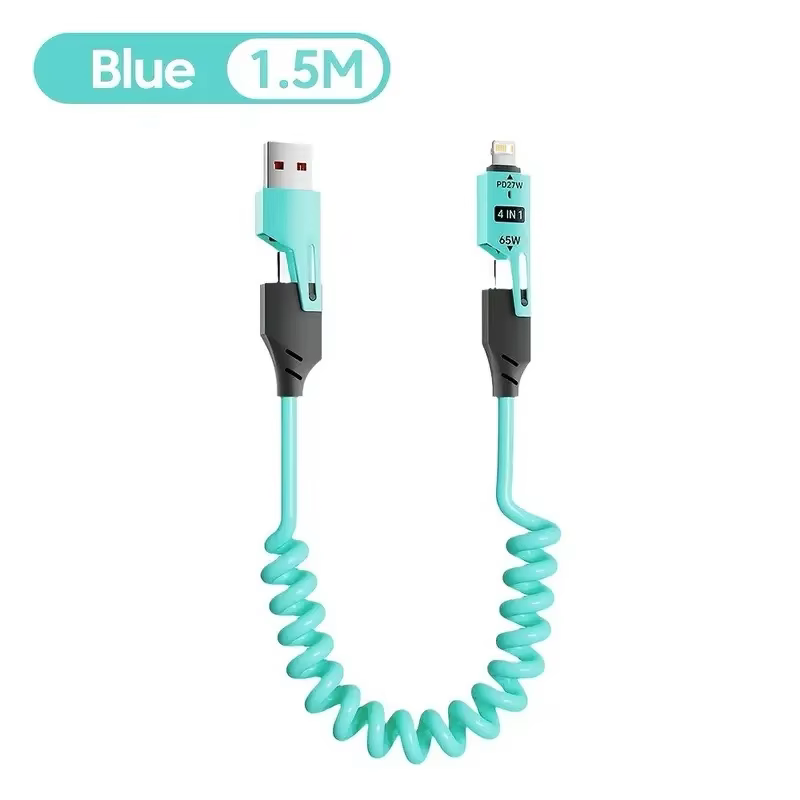 Câble de données court à ressort 4 en 1 65W 6A USB Type C, chargeur rapide télescopique à ressort, c