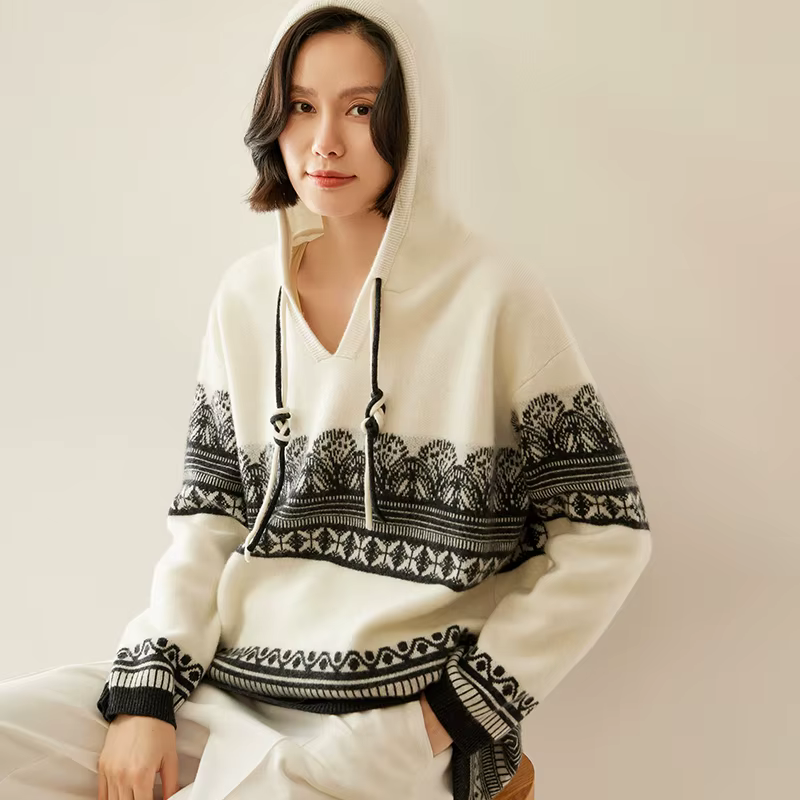 Pull en cachemire à capuche pour femme, pull ample épais en Jacquard avec laine tricotée à l'intérie