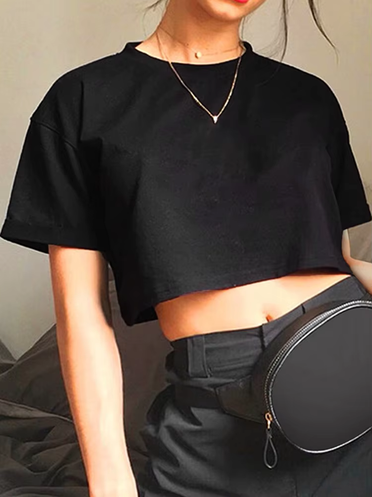 T-shirt col rond femme noir, streetwear estival et décontracté, Harajuku, Y2K