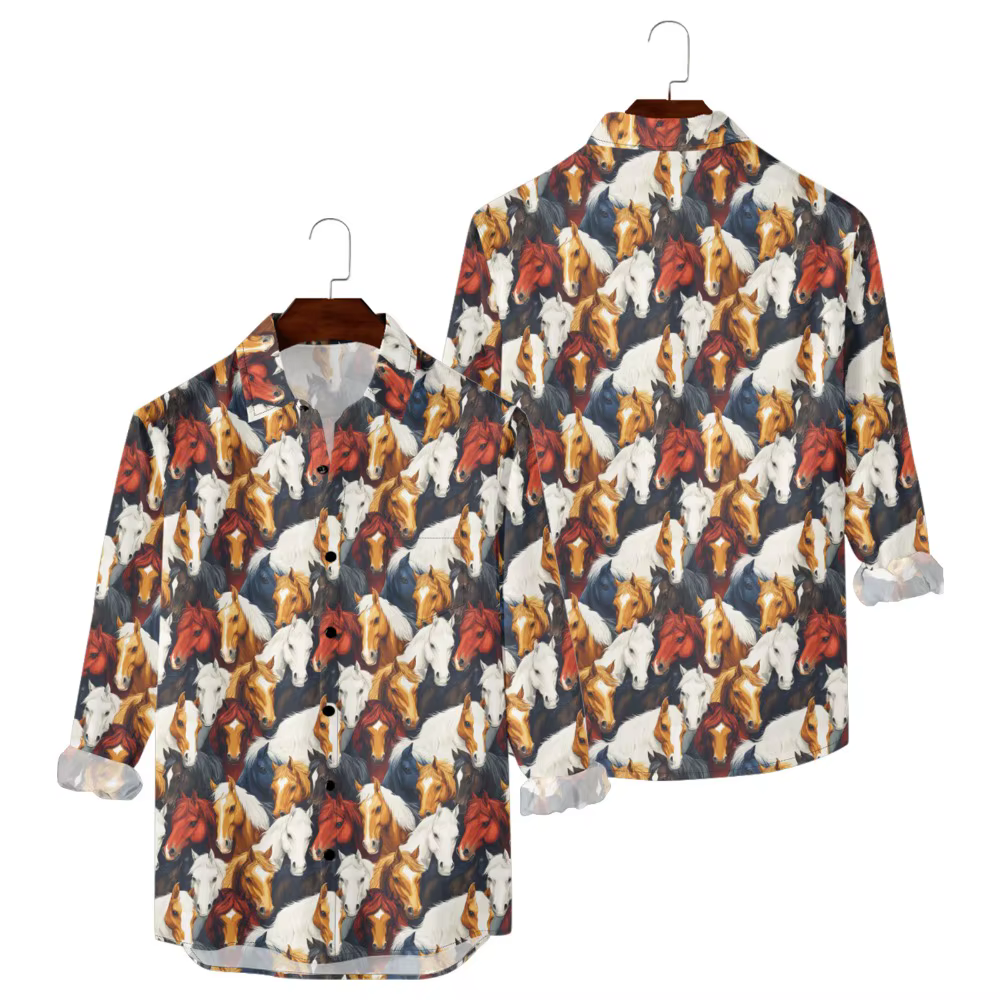 Chemises hawaïennes à boutons pour hommes, imprimé Floral cheval, manches longues, Streetwear décont