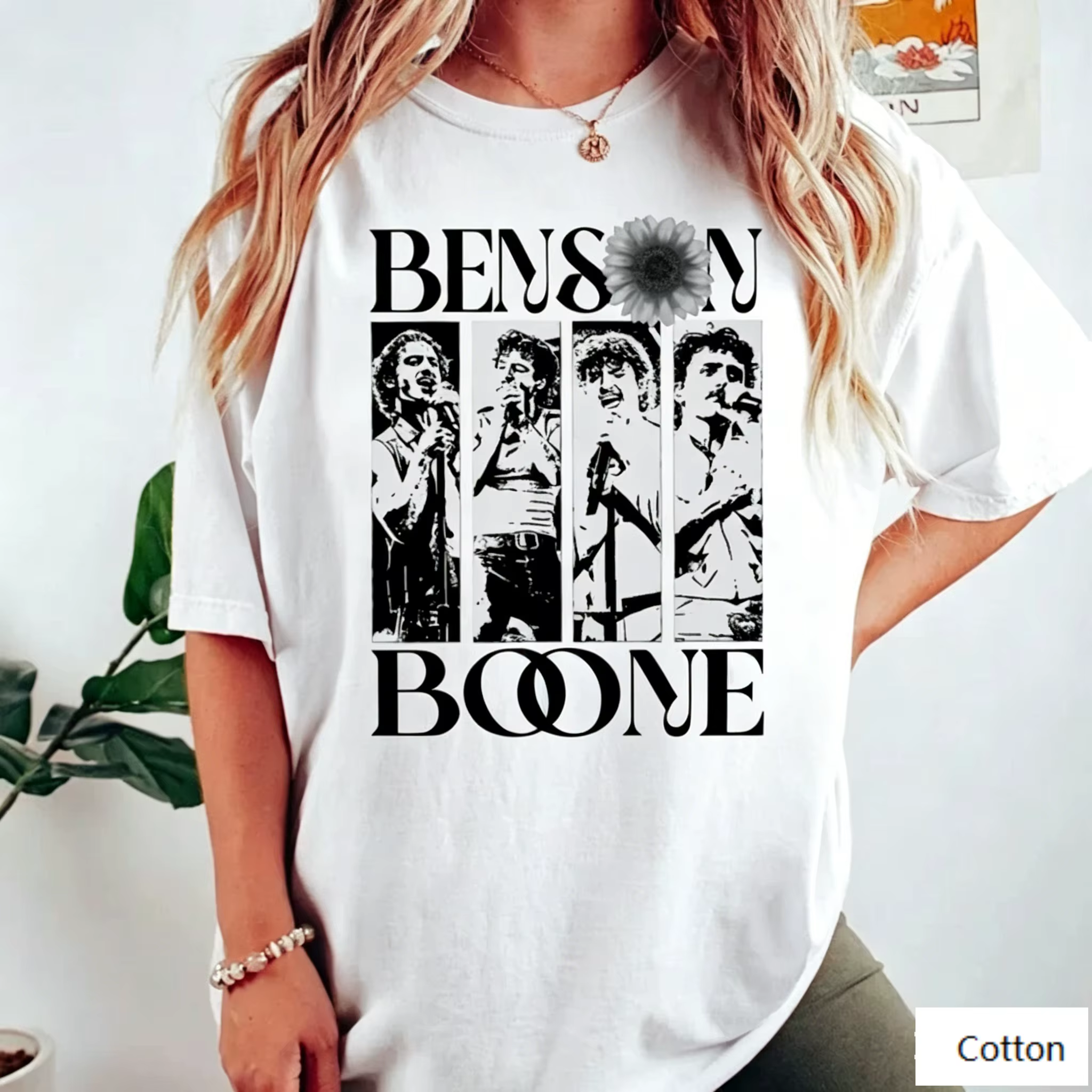 T-shirt en coton avec impression de portrait de scène Benson Boone, t-shirt décontracté blanc avec m