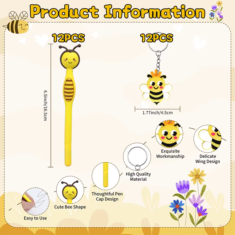 12 ensembles de cadeaux de fête d'abeille comprenant un porte-clés d'abeille mignon, un sac à cadeau