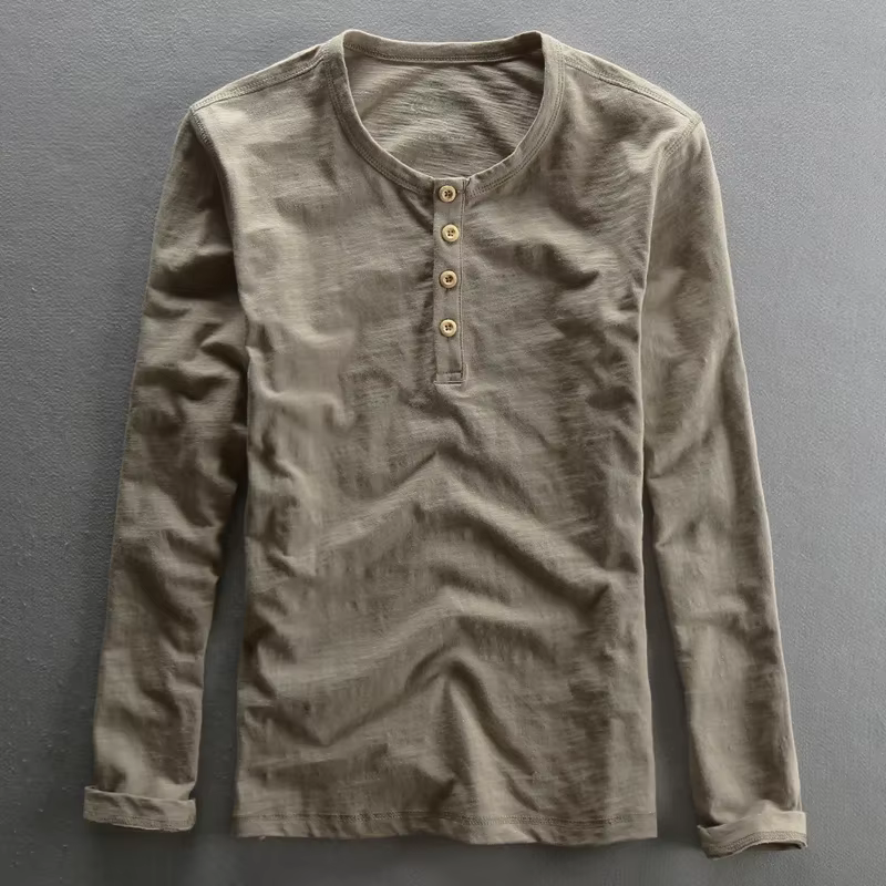 T-shirt à manches longues en pur coton pour hommes, pull à col rond, t-shirts basiques décontractés,