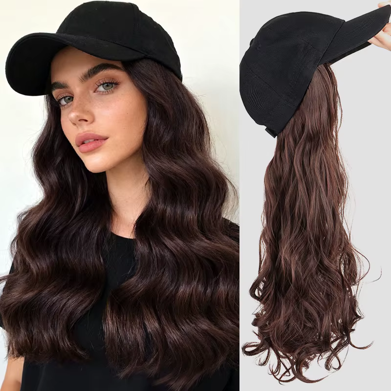 Perruque synthétique longue bouclée de 20 pouces, casquette de Baseball, postiche noire et brune, pe