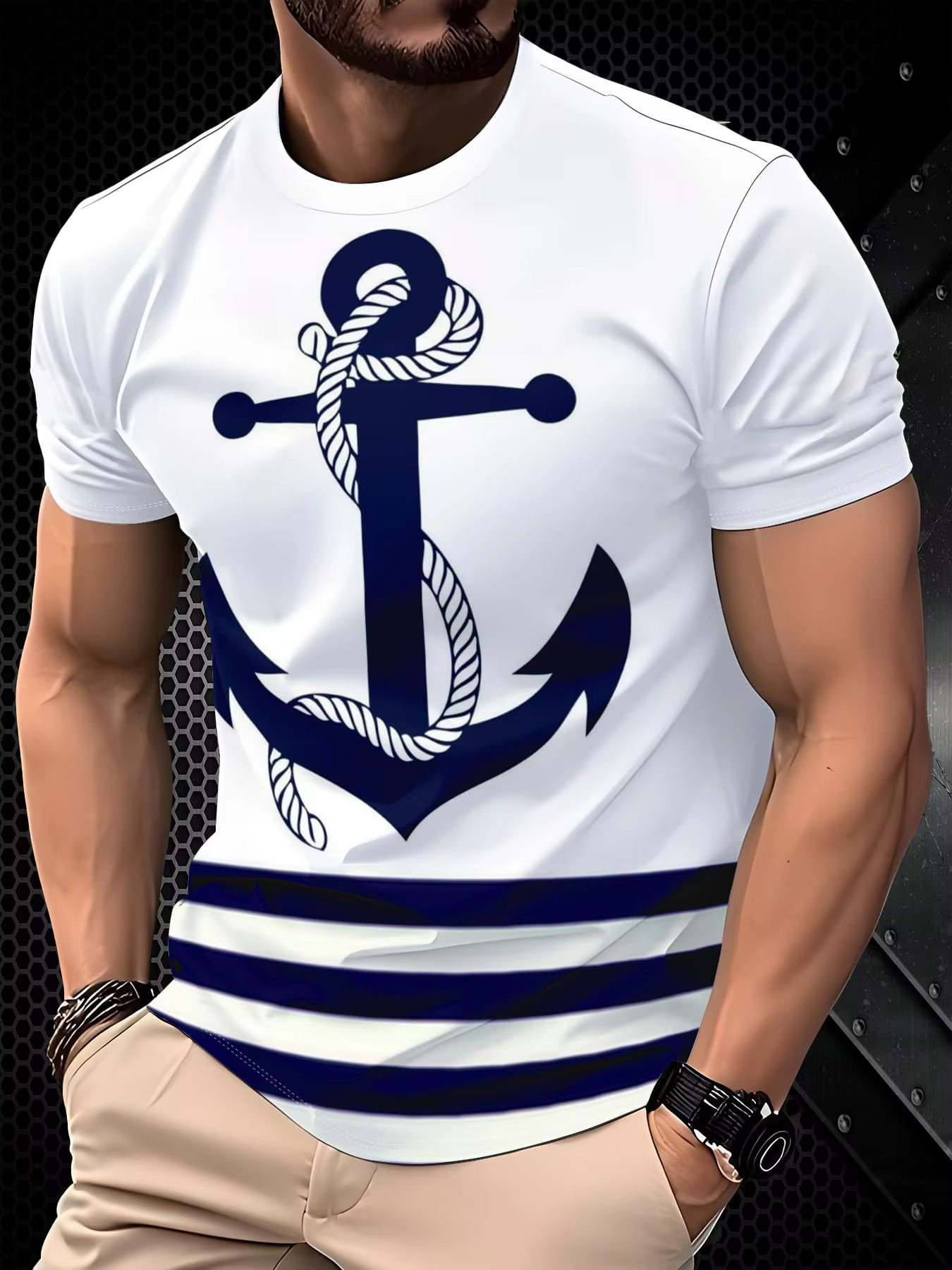 T-shirt classique d'été pour homme avec imprimé 3D color-block, haut décontracté à col rond pour l'e